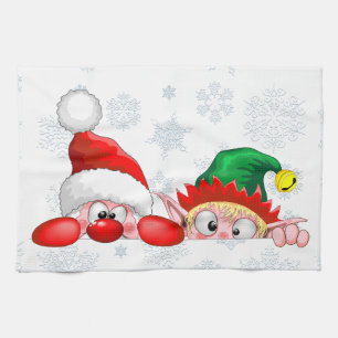 Santa and Elf Cute and funny Christmas Cartoon Cha Kitchen Towel