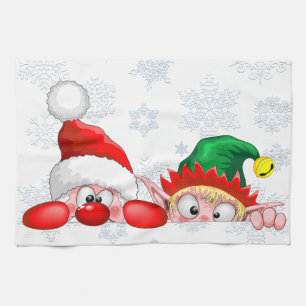 Santa and Elf Cute and funny Christmas Cartoon Cha Kitchen Towel