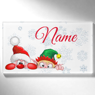 Santa and Elf Cute and funny Christmas Cartoon Cha Name Tag