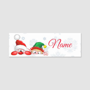 Santa and Elf Cute and funny Christmas Cartoon Cha Name Tag
