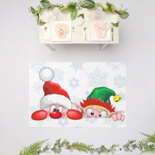 Santa and Elf Cute and funny Christmas Cartoon Cha Outdoor Rug