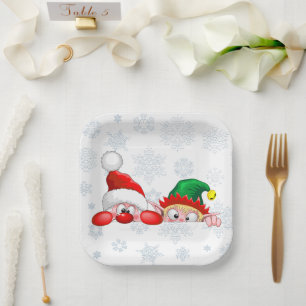 Santa and Elf Cute and funny Christmas Cartoon Cha Paper Plates
