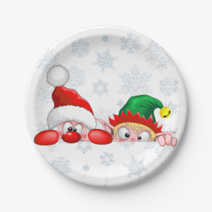 Santa and Elf Cute and funny Christmas Cartoon Cha Paper Plates