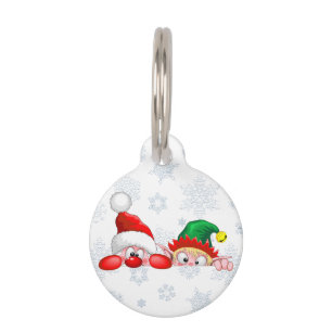 Santa and Elf Cute and funny Christmas Cartoon Cha Pet ID Tag