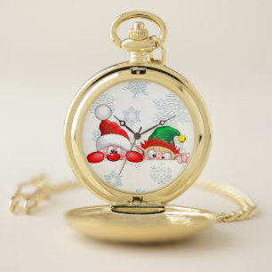 Santa and Elf Cute and funny Christmas Cartoon Cha Pocket Watch