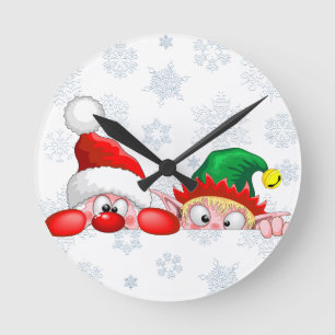 Santa and Elf Cute and funny Christmas Cartoon Cha Round Clock