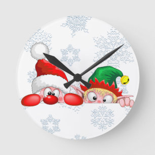 Santa and Elf Cute and funny Christmas Cartoon Cha Round Clock