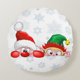 Santa and Elf Cute and funny Christmas Cartoon Cha Round Pillow