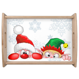 Santa and Elf Cute and funny Christmas Cartoon Cha Serving Tray