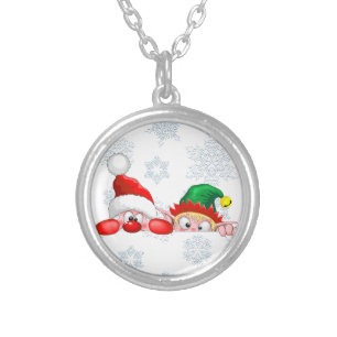 Santa and Elf Cute and funny Christmas Cartoon Cha Silver Plated Necklace