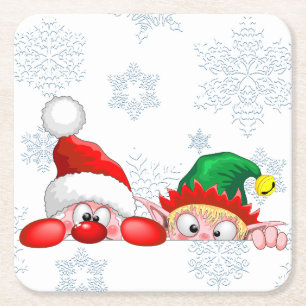 Santa and Elf Cute and funny Christmas Cartoon Cha Square Paper Coaster