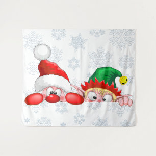 Santa and Elf Cute and funny Christmas Cartoon Cha Tapestry