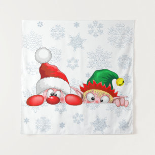 Santa and Elf Cute and funny Christmas Cartoon Cha Tapestry