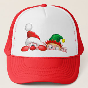 Santa and Elf Cute and funny Christmas Cartoon Cha Trucker Hat