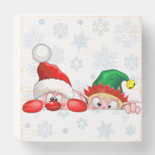 Santa and Elf Cute and funny Christmas Cartoon Cha Wooden Box Sign