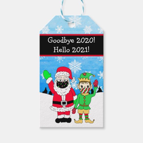 Santa and Elf in Facemasks 2020 Gift Tags