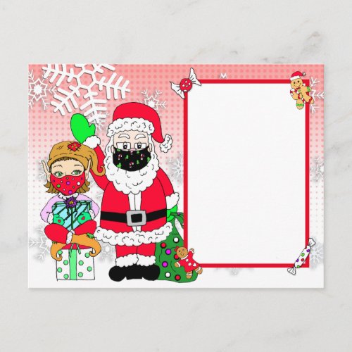 Santa and Elf in Facemasks Letter from Santa Blank Holiday Postcard