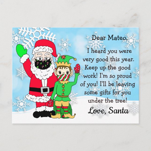 Santa and Elf in Facemasks Letters to Kid Holiday Postcard (Front)