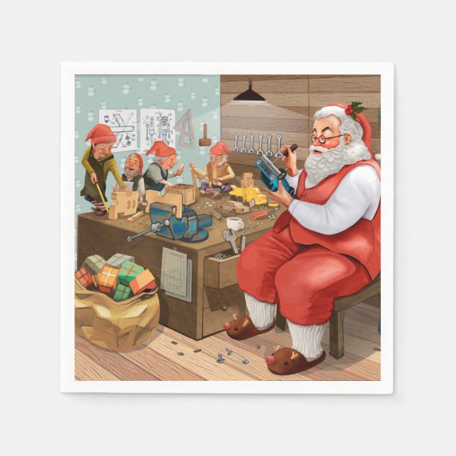 Santa And Elves Making Toys | Christmas Napkins (Front)