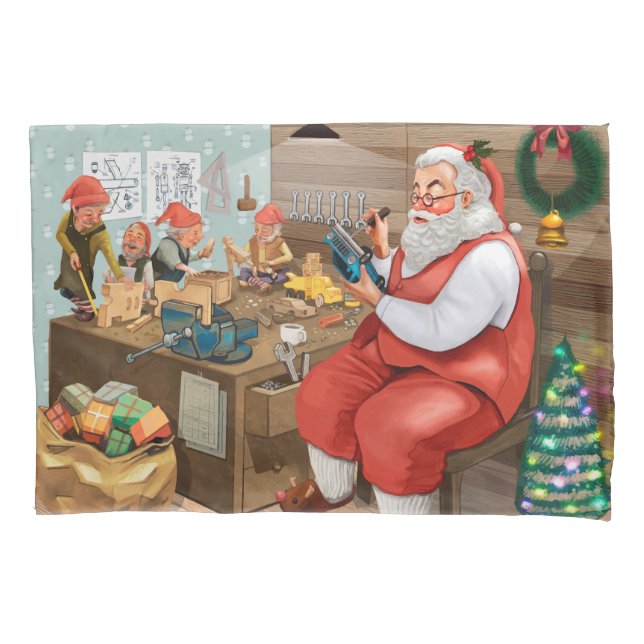 Santa And Elves Making Toys | Christmas Pillow Case (Front)