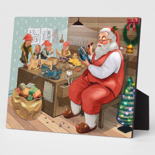 Santa And Elves Making Toys  Christmas Plaque