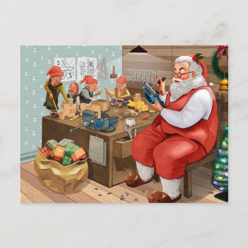 Santa And Elves Making Toys  Christmas Postcard