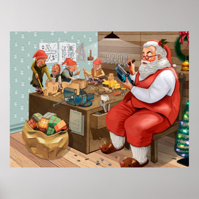 Santa And Elves Making Toys | Christmas Poster (Front)