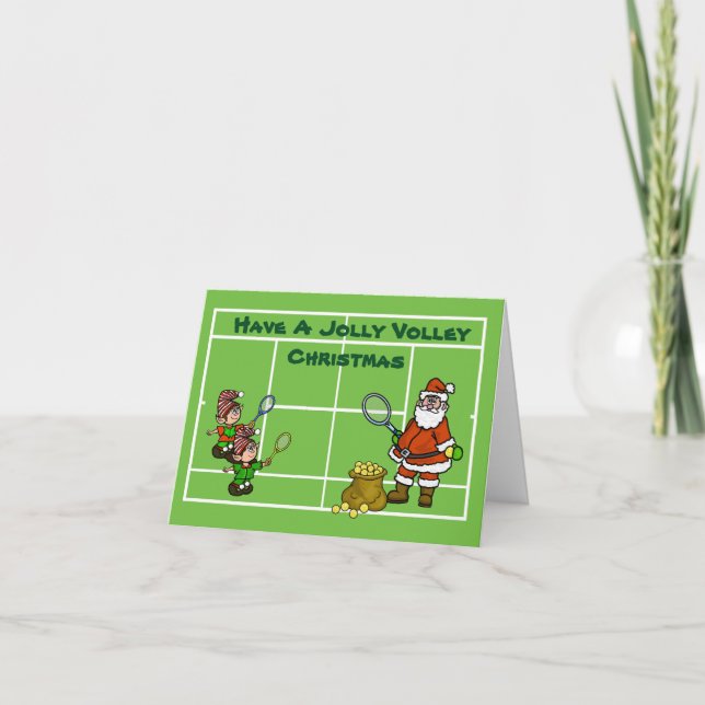 Santa and Elves Playing Tennis Christmas Card (Front)
