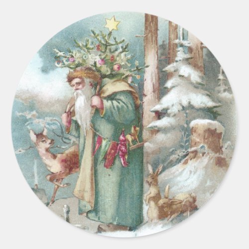 Santa and Forest Animals Vintage Christmas Classic Round Sticker