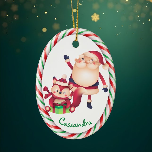 Santa and Fox Candy Cane Frame Ceramic Ornament (Creator Uploaded)