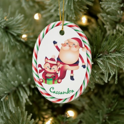 Santa and Fox Candy Cane Frame Ceramic Ornament