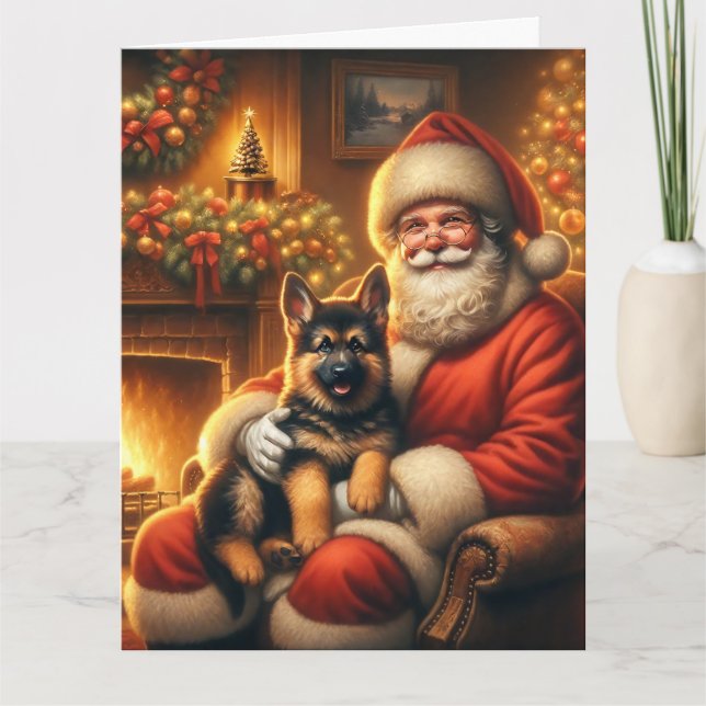 Santa and German Shepherd Puppy Christmas Card (Front)