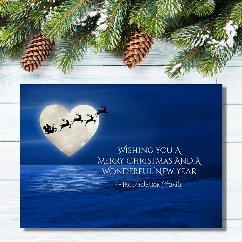 Santa and Heart Full Moon Beach Christmas Holiday Card