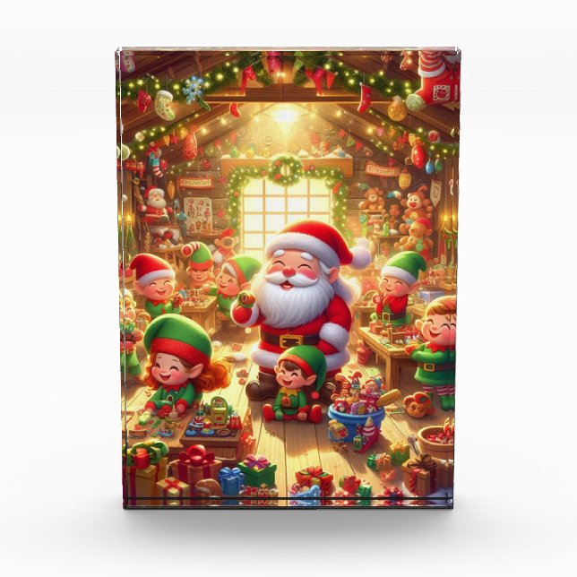 Santa and His Cute Little Elves in His Workshop Photo Block (Front)