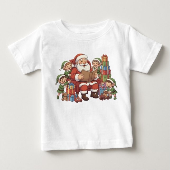 Santa and His Elves – Cute Christmas Illustration  Baby T-Shirt (Front)
