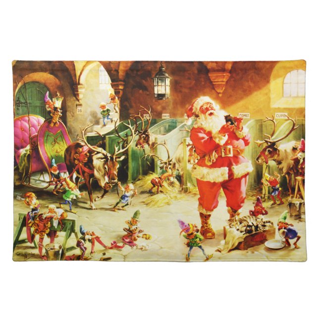 Santa and His Elves in The North Pole Stables Cloth Placemat (Front)