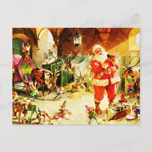 Santa and His Elves in The North Pole Stables Holiday Postcard