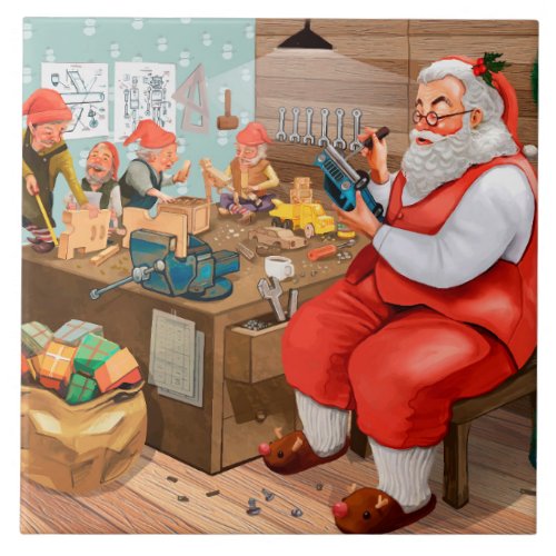 Santa and his Elves in the Workshop Ceramic Tile
