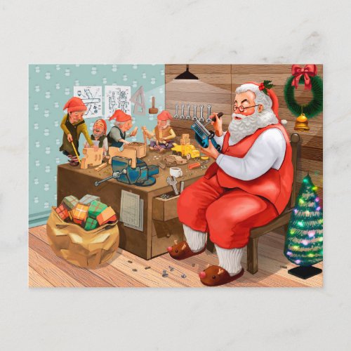 Santa and his Elves in the Workshop Holiday Postcard