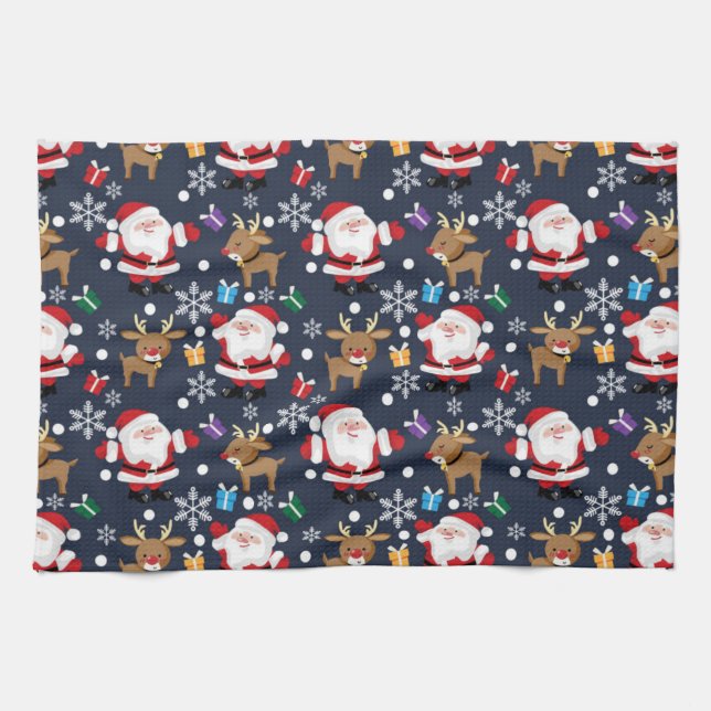 Santa And His Favorite Reindeer Pattern Kitchen Towel (Horizontal)