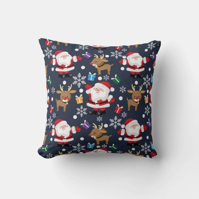 Santa And His Favorite Reindeer Pattern Throw Pillow (Front)