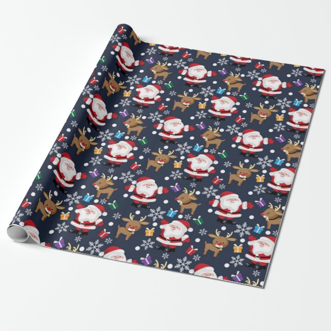 Santa And His Favorite Reindeer Pattern Wrapping Paper (Unrolled)