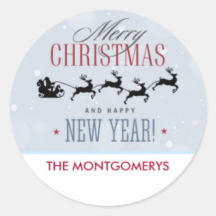 Santa and his Flying Reindeer Silhouette Christmas Classic Round Sticker