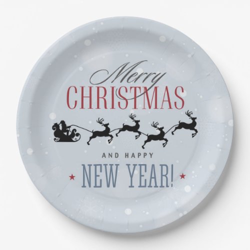Santa and his Flying Reindeer Silhouette Christmas Paper Plates