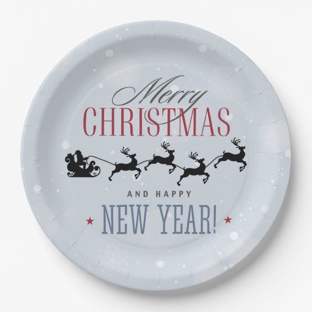 Santa and his Flying Reindeer Silhouette Christmas Paper Plates (Front)