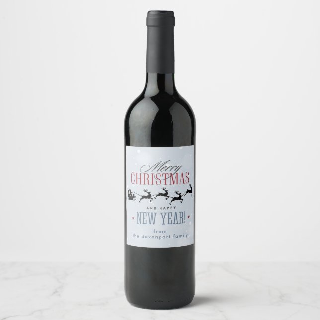 Santa and his Flying Reindeer Silhouette Christmas Wine Label (Front)
