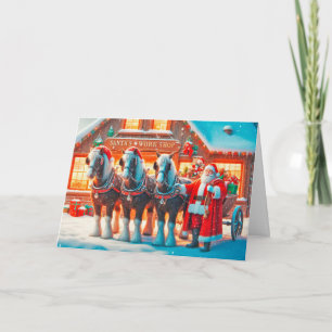 Santa and His Horses Standing Outside His Workshop Holiday Card