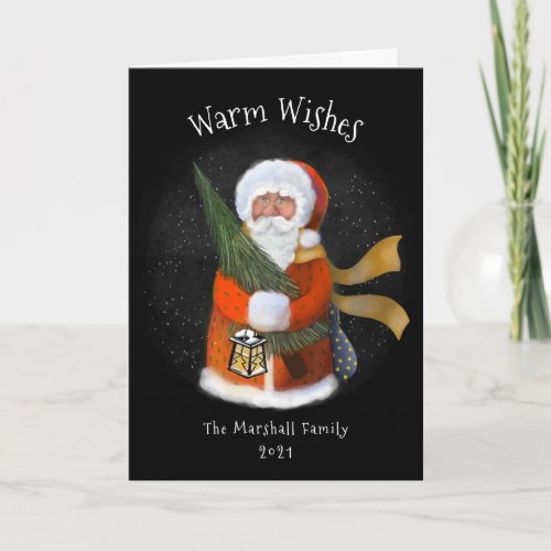 Santa and His Lantern Illustration Black Non_Photo Holiday Card