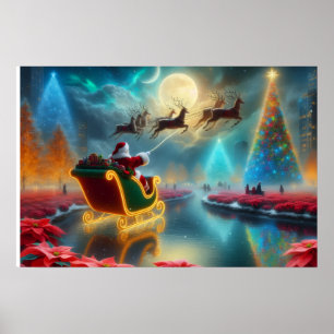 Santa and His Reindeer Flying in the Sky Poster