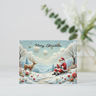 Santa and His Reindeer in Snowy Landscape Holiday Postcard